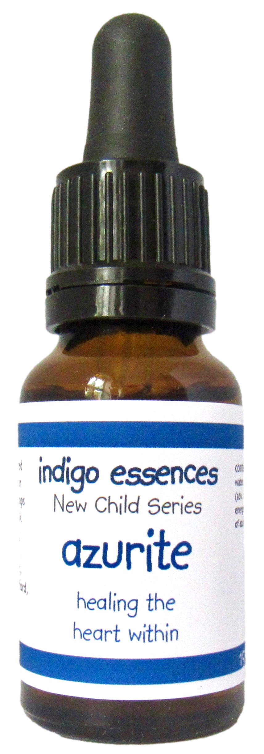 Bottle of indigo essences azurite with a white background