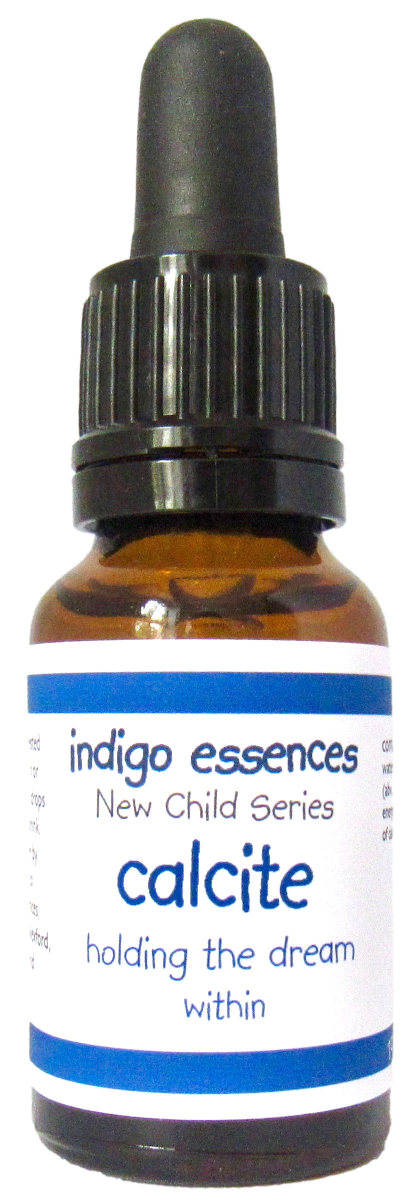 Bottle of indigo essences Calcite with dropper on a white background
