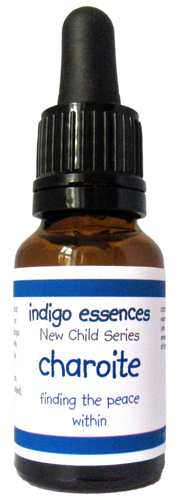Bottle of Indigo Essences New Child Series Charoite with dropper on a white background