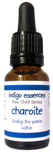 Bottle of Indigo Essences New Child Series Charoite with dropper on a white background