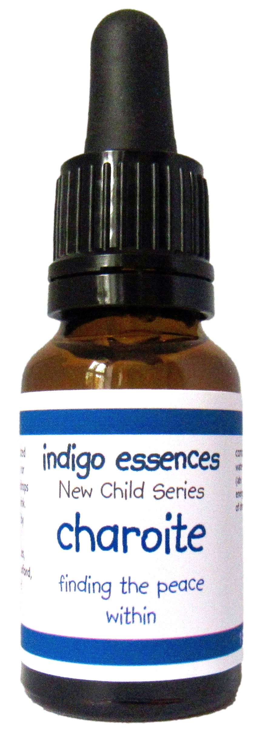 Bottle of Indigo Essences New Child Series Charoite with dropper on a white background