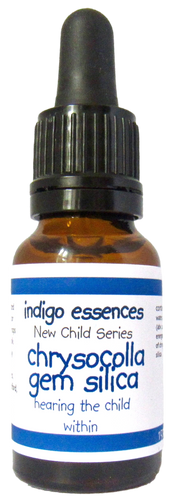 Bottle of indigo essences chrysocolla gem silica on a white background