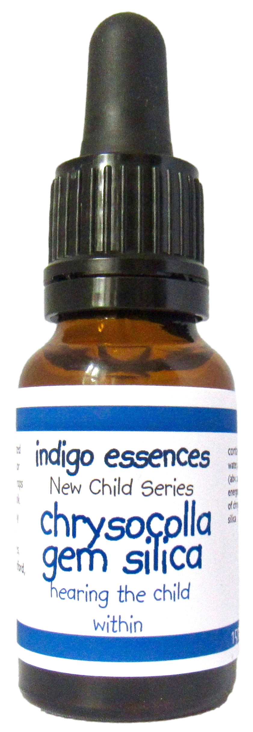 Bottle of indigo essences chrysocolla gem silica on a white background