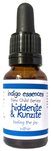 Bottle of indigo essences New Child Series with dropper labeled 'hiddenite & Kunzite'.