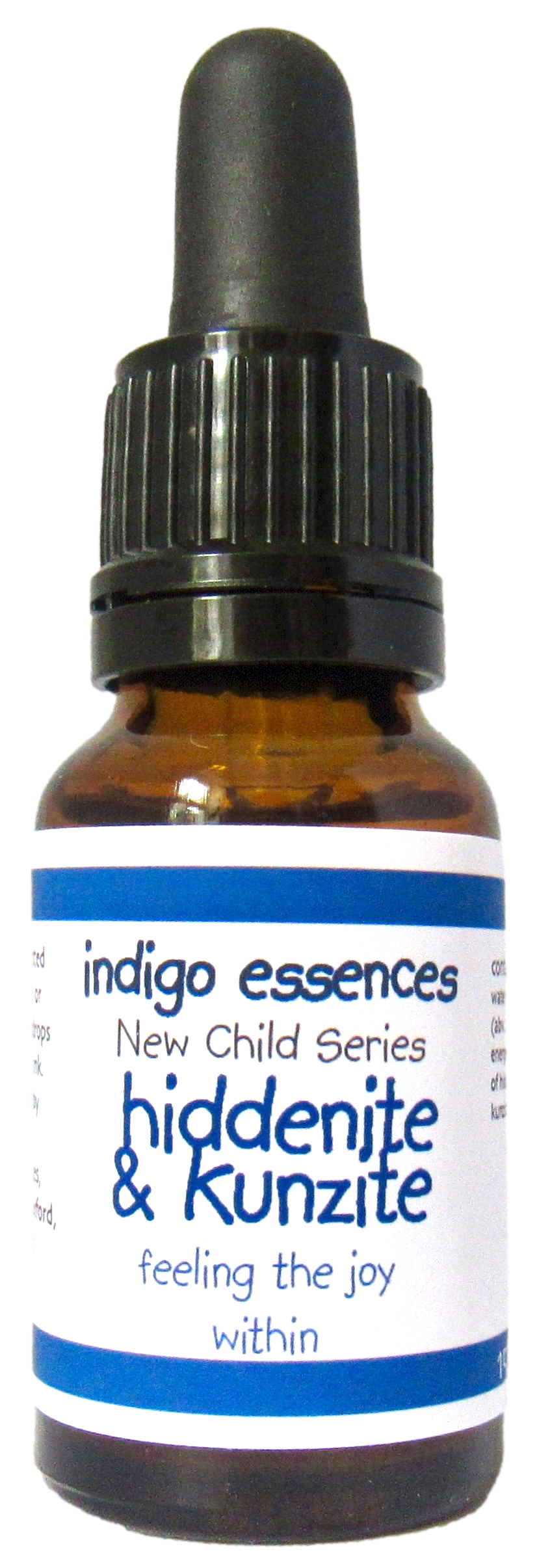 Bottle of indigo essences New Child Series with dropper labeled 'hiddenite & Kunzite'.
