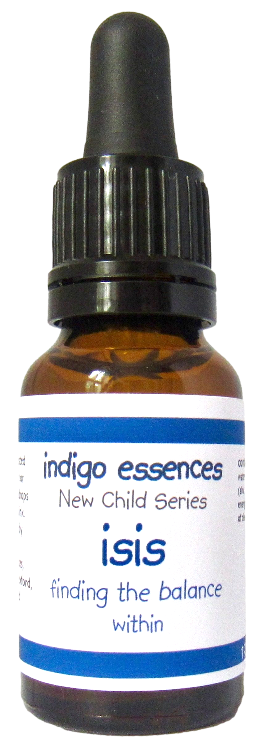 Bottle of indigo essences New Child Series Isis on a white background