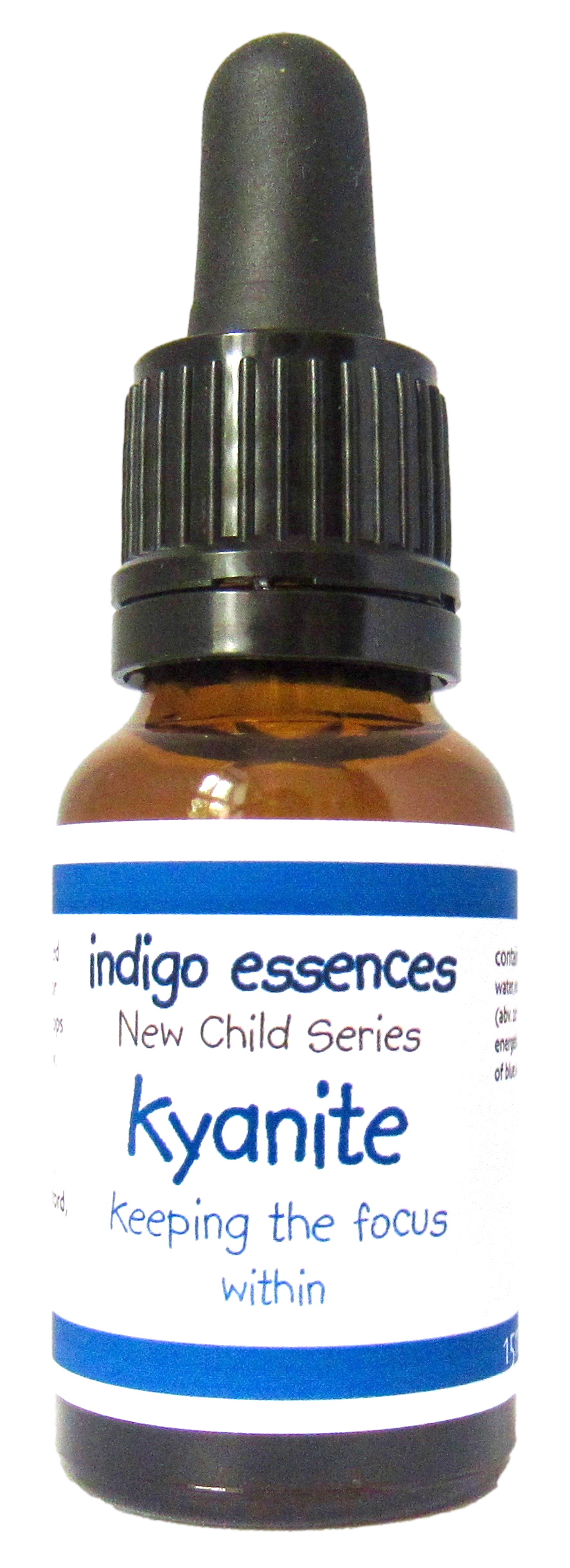 Bottle of indigo essences Kyanite New Child Series on a white background