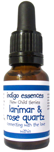Bottle of indigo essences with dropper labeled 'larimar & rose quartz' on a white background