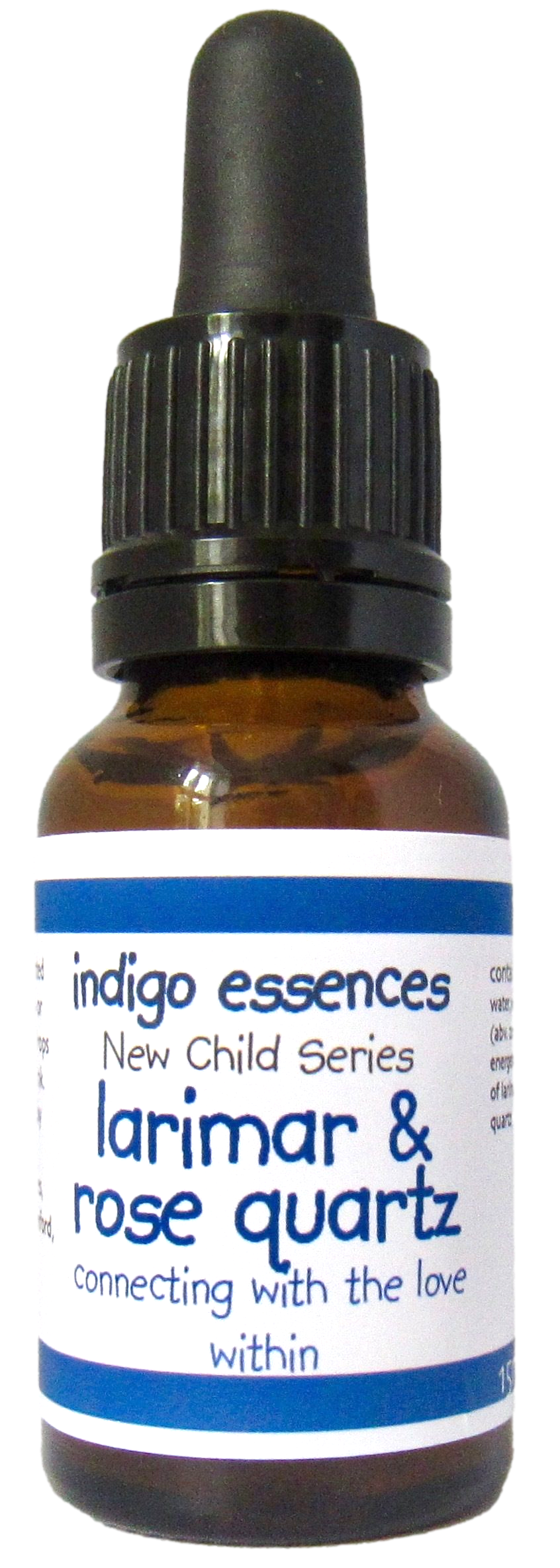 Bottle of indigo essences with dropper labeled 'larimar & rose quartz' on a white background