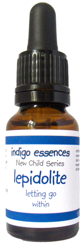 Bottle of Indigo Essences Lepidolite with dropper on a white background