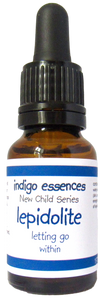 Bottle of Indigo Essences Lepidolite with dropper on a white background