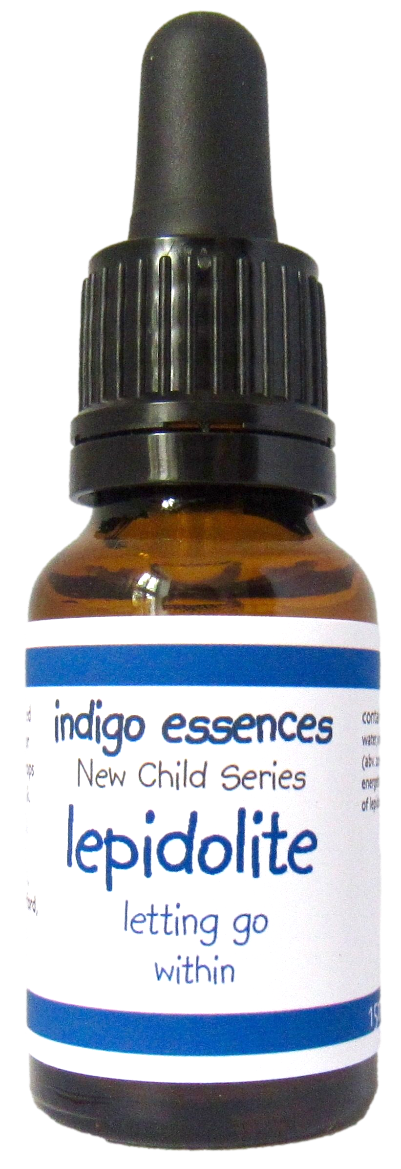 Bottle of Indigo Essences Lepidolite with dropper on a white background
