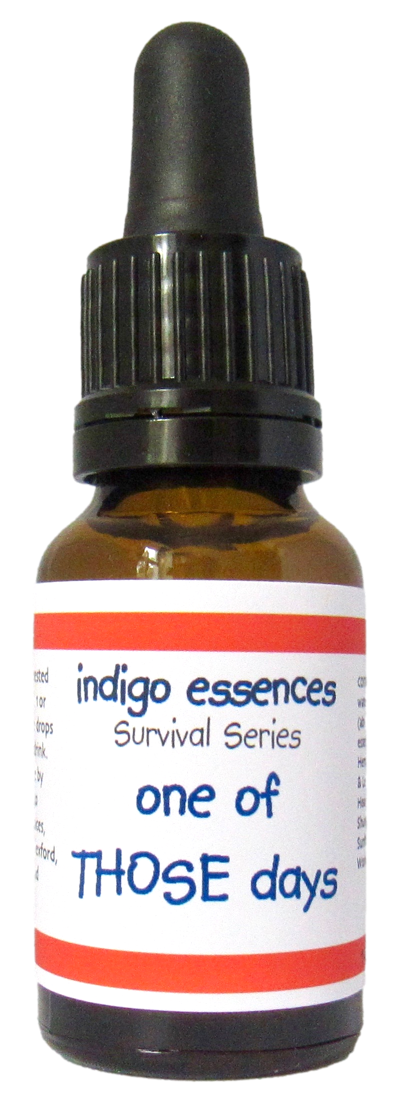 Bottle of 'indigo essences' with a label reading 'one of THOSE days' on a white background