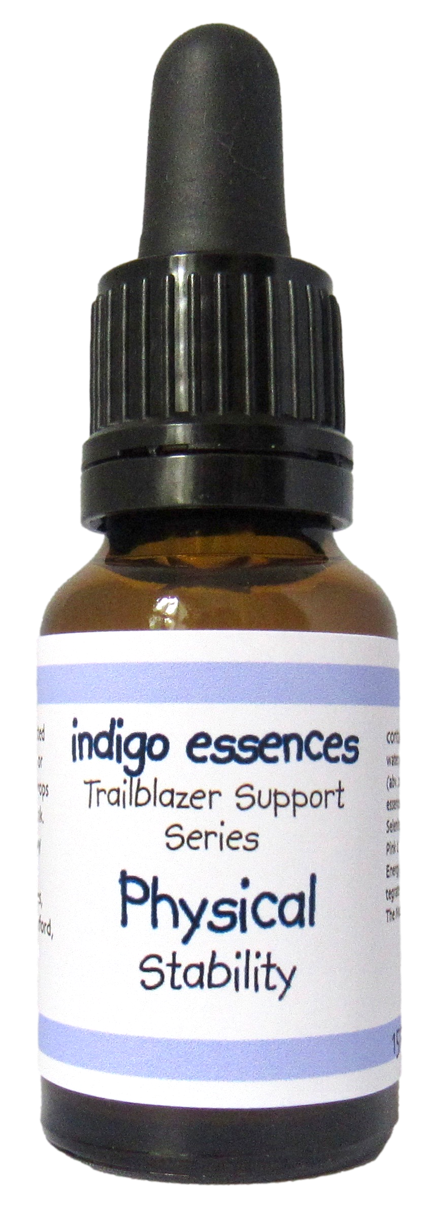 Bottle of indigo essences with a dropper labeled 'Physical Stability' on a white background