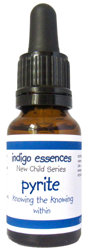 Bottle of indigo essences New Child Series pyrite with a blue label.
