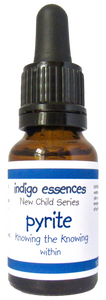 Bottle of indigo essences New Child Series pyrite with a blue label.