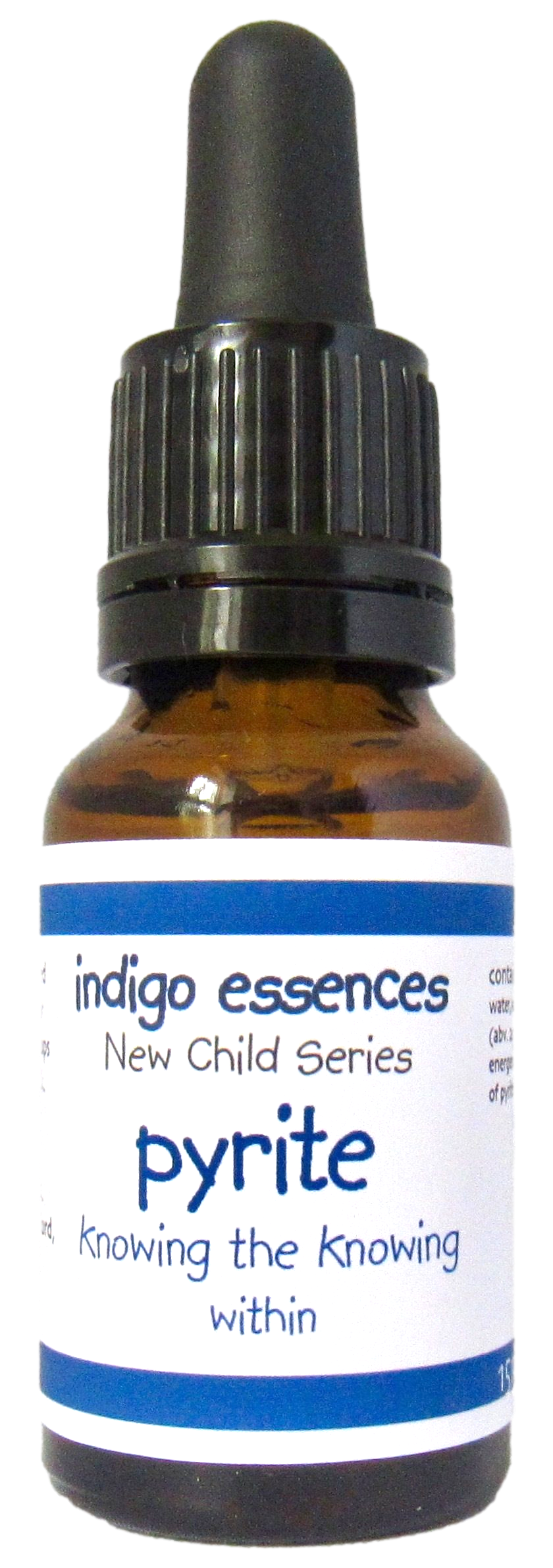 Bottle of indigo essences New Child Series pyrite with a blue label.