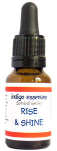 Bottle of indigo essences 'Rise & Shine' with dropper on a white background