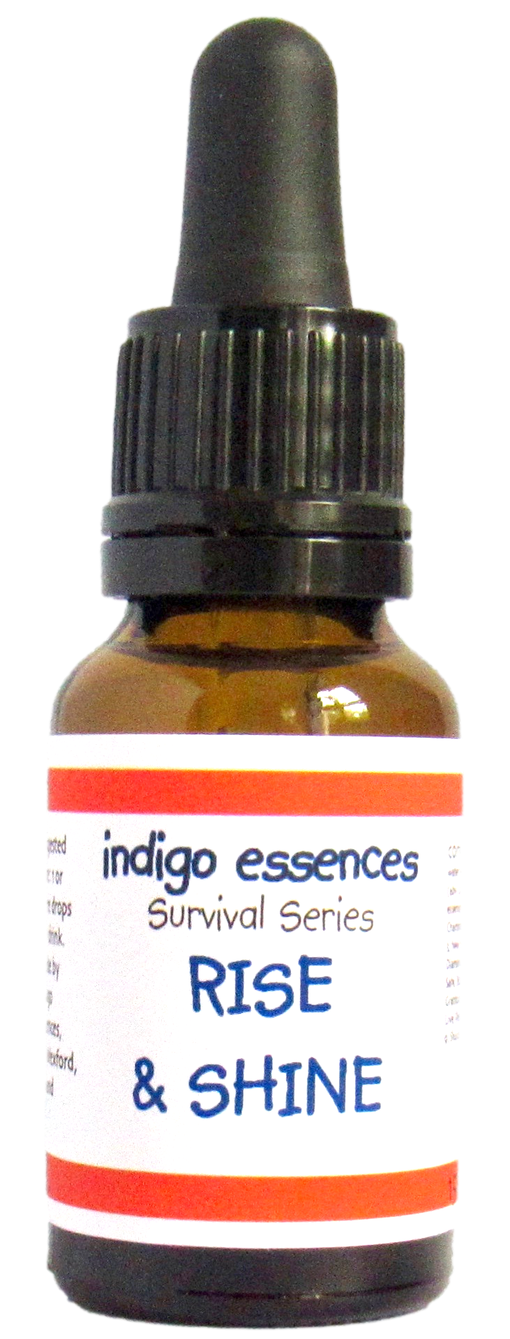 Bottle of indigo essences 'Rise & Shine' with dropper on a white background