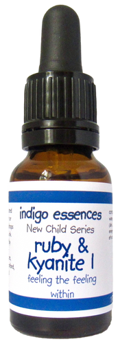 Bottle of indigo essences Ruby & Kyanite I on a white background