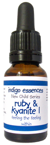 Bottle of indigo essences Ruby & Kyanite I on a white background