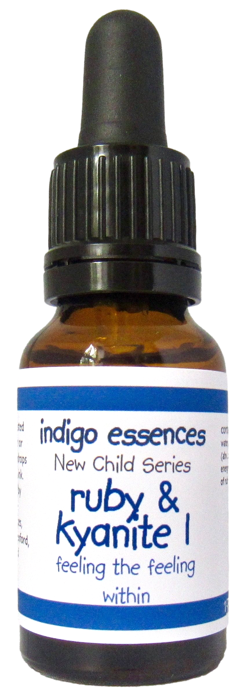 Bottle of indigo essences Ruby & Kyanite I on a white background