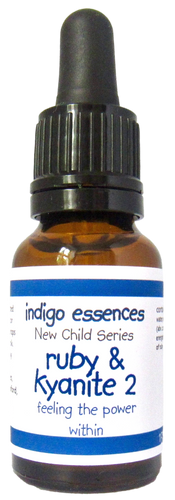 Bottle of Indigo Essences Ruby & Kyanite 2 essential oil with a black cap on a white background
