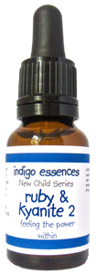 Bottle of Indigo Essences Ruby & Kyanite 2 essential oil with a black cap on a white background