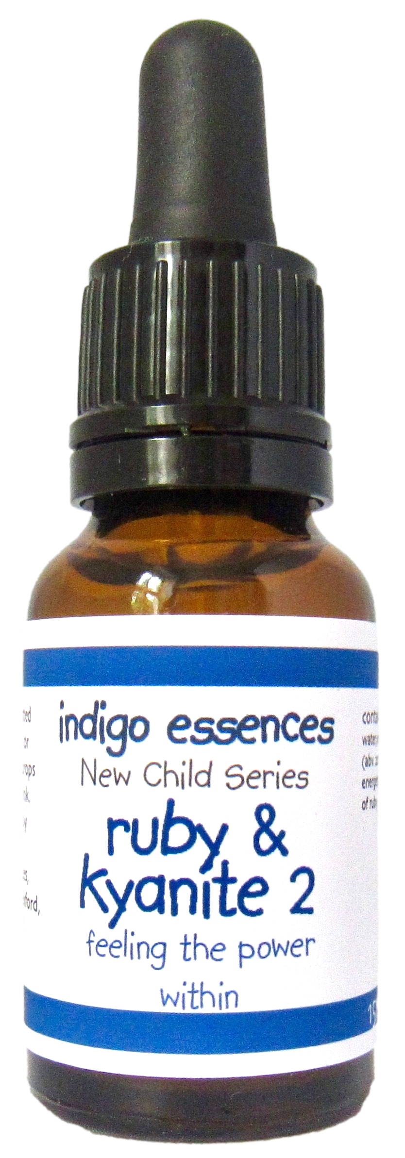 Bottle of Indigo Essences Ruby & Kyanite 2 essential oil with a black cap on a white background