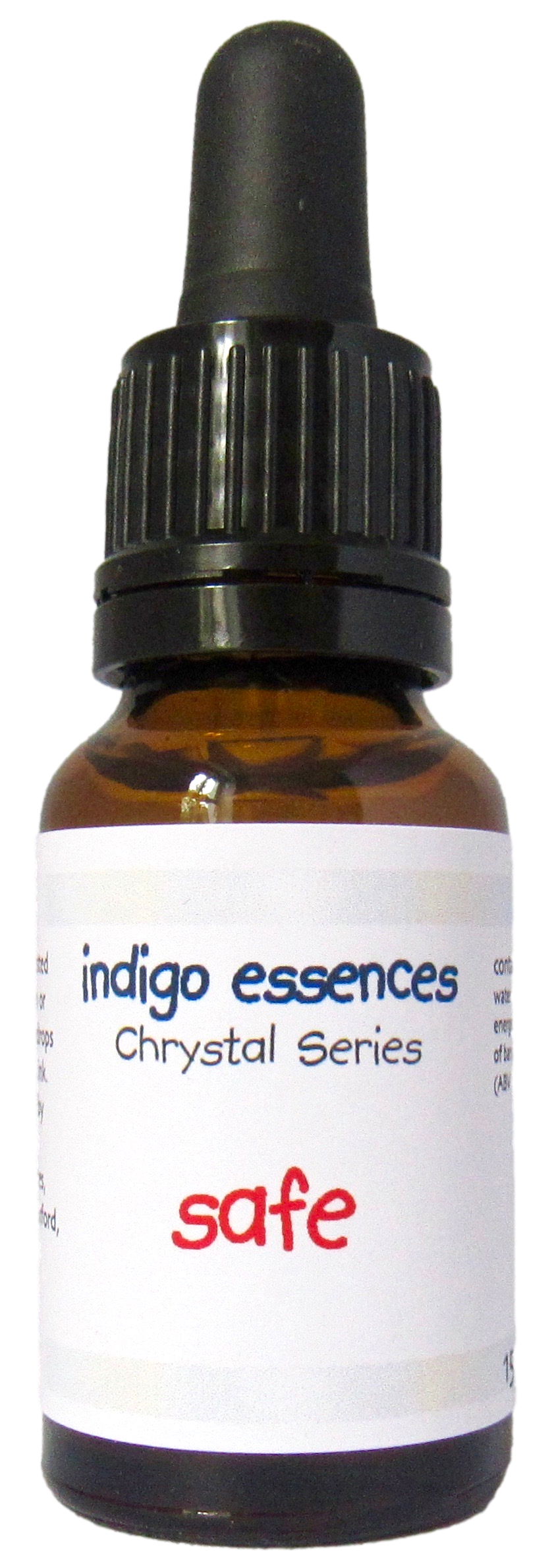 Bottle of indigo essences Chrysalis Series safe with a dropper on a white background