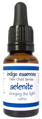 Bottle of indigo essences selenite with a blue label on a white background