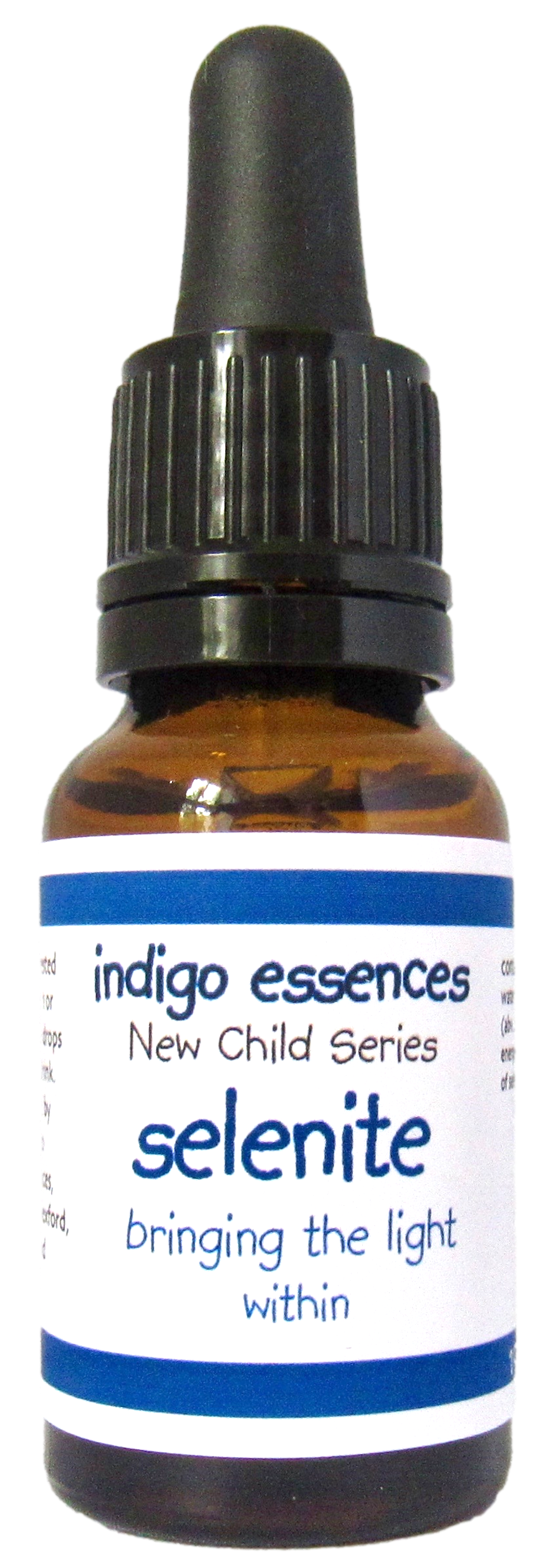 Bottle of indigo essences selenite with a blue label on a white background