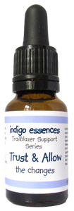 Bottle of indigo essences Trust & Allow with a black cap on a white background