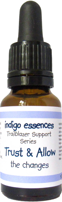Bottle of indigo essences Trust & Allow with a black cap on a white background