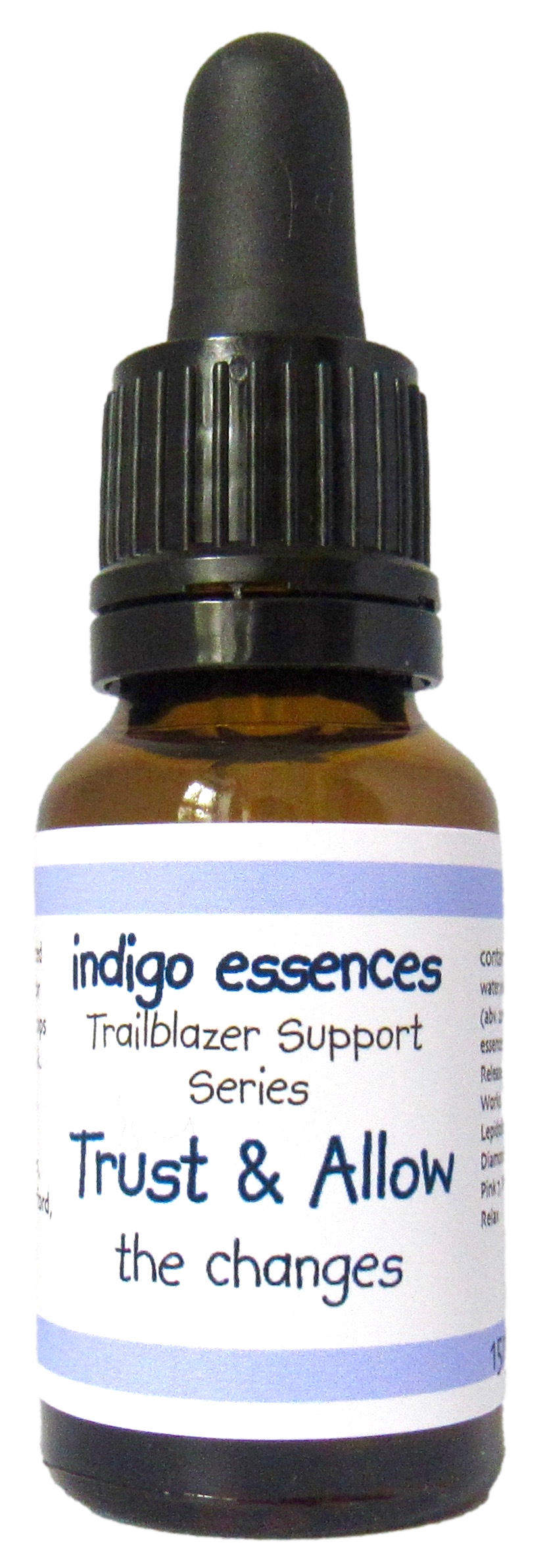 Bottle of indigo essences Trust & Allow with a black cap on a white background
